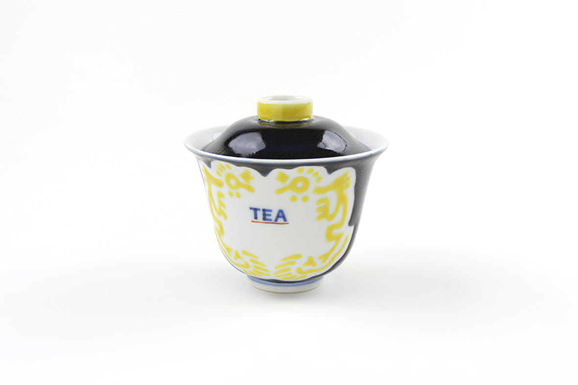 蓋碗 黒釉黄彩龍文“TEA字”