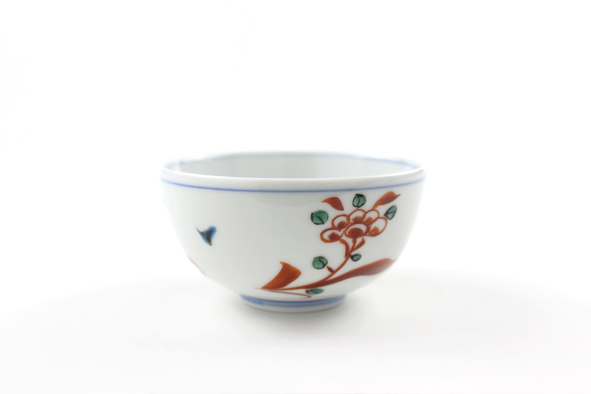 九谷焼　味渓窯　矢口永寿造　赤絵　花鳥文　汲出茶碗　五客　共箱　M　R5223 九谷焼 味渓窯 矢口永寿造 赤絵 花鳥文 汲出茶碗 五客 共箱 M R5223