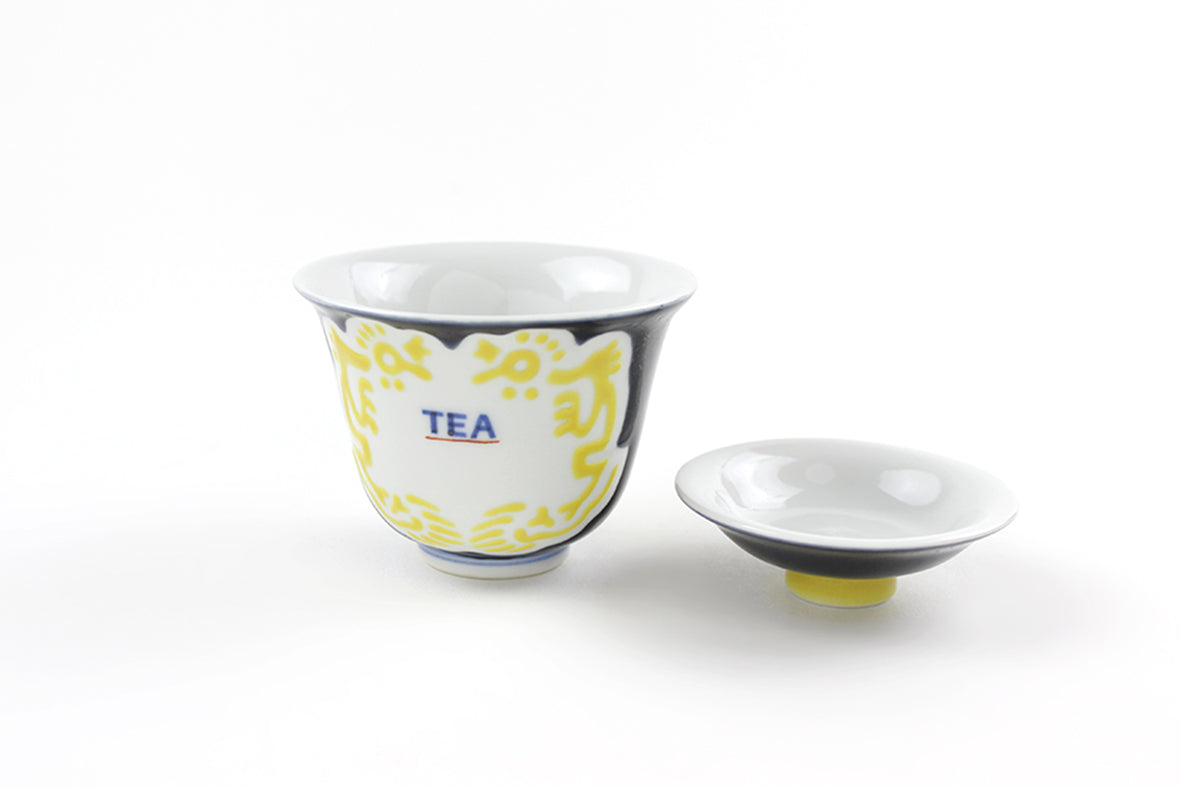 蓋碗 黒釉黄彩龍文“TEA字”
